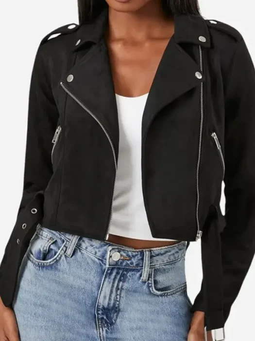 Women’s Black Cropped Moto Suede Leather Jacket