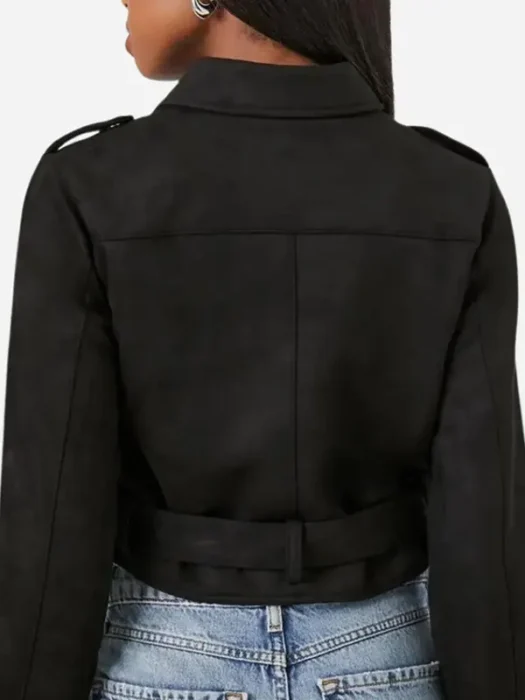 Women’s Black Cropped Suede Leather Moto Jacket Back