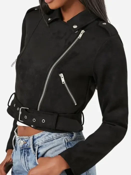 Women’s Black Cropped Suede Moto Leather Jacket