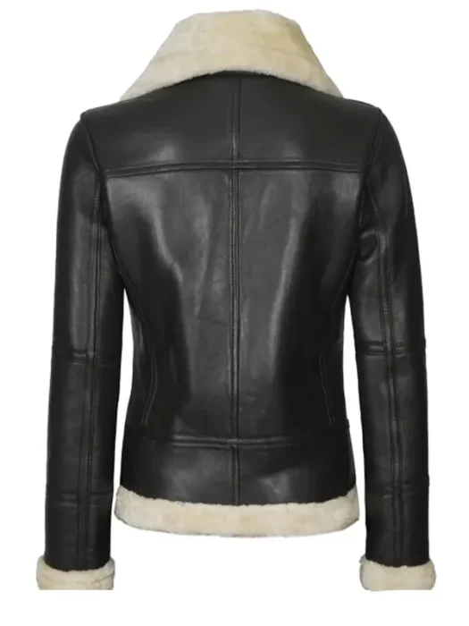 Womens Black Leather Shearling Jacket Back