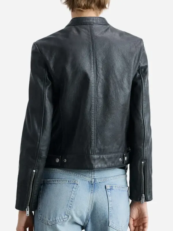 Women’s Black Zippered Biker Leather Jacket Back