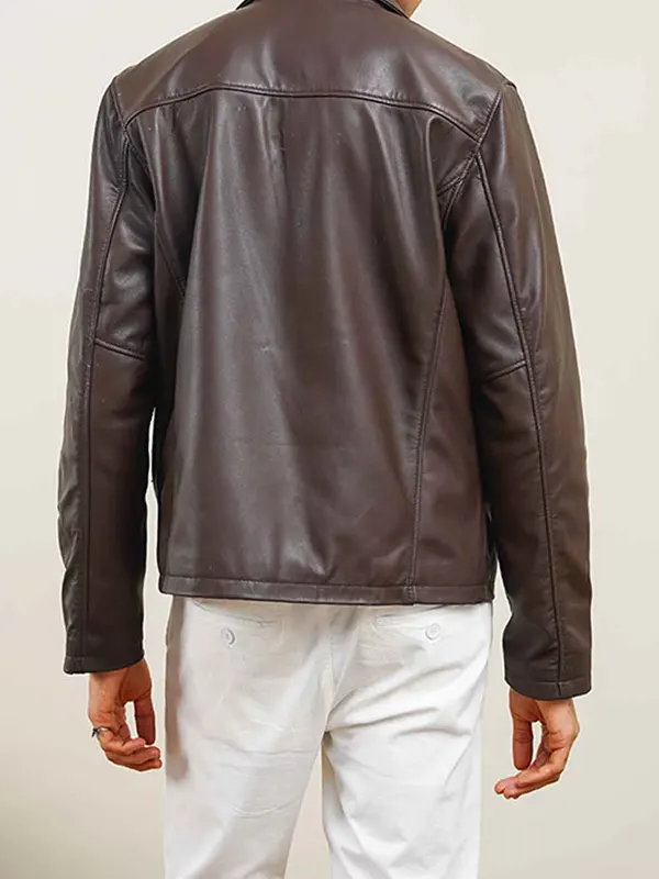 BROWN LEATHER ZIP-UP JACKET BACK