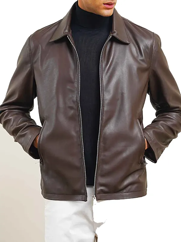 BROWN LEATHER ZIP-UP JACKET