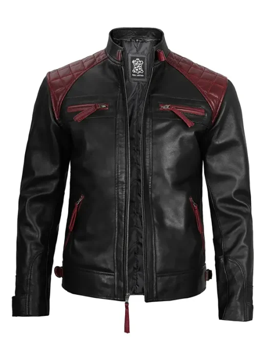 Black and Maroon Quilted Cafe Racer Leather Jacket