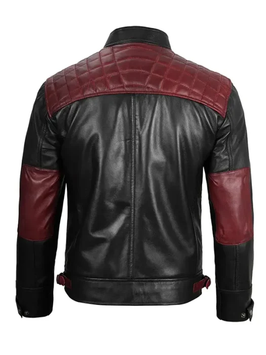 Black and Maroon Quilted Cafe Racer Men's Leather Jacket Back