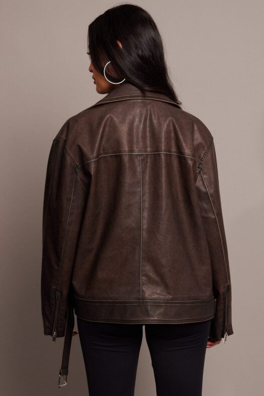 Brown Biker Jacket Faux Leather Oversized Back