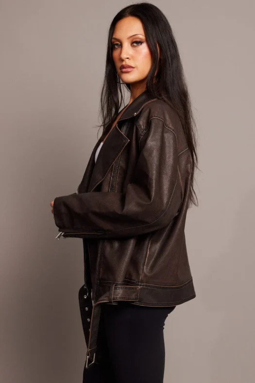 Brown Biker Jacket Faux Leather Oversized Side Look