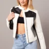 Colour Block Long Sleeve Zip Faux Leather Grey Jacket