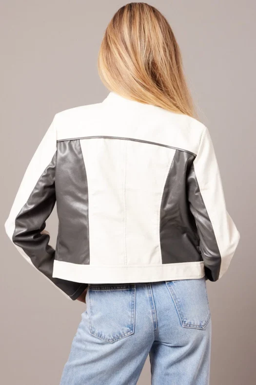 Colour Block Long Sleeve Zip Faux Leather Grey Jacket Back