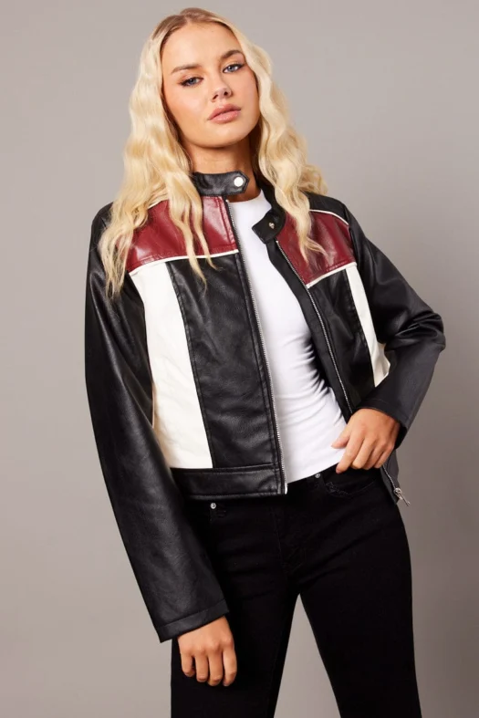 Colour Block Long Sleeve Zip Faux Leather Red Jacket