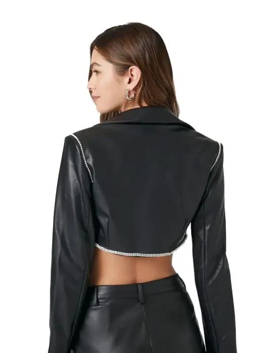 Cropped Faux Black Leather Jacket Back