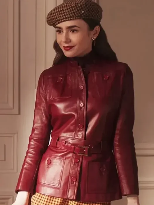 Emily in Paris S04 Lily Collins Burgundy Leather Jacket