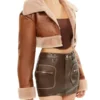 Faux Fur-Trim Cropped Brown Moto Jacket