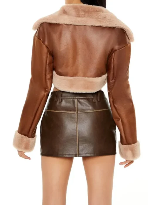 Faux Fur-Trim Cropped Brown Moto Jacket Back