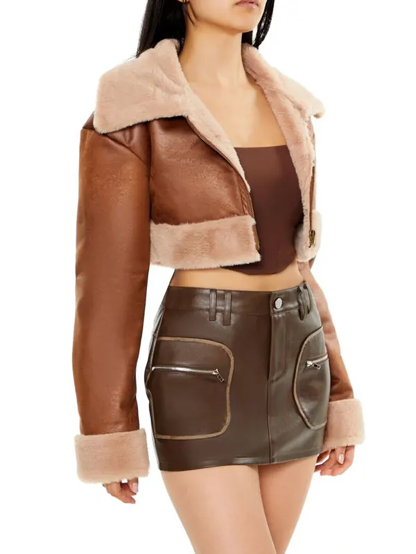 Faux Fur-Trim Cropped Brown Moto Jacket