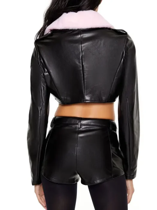 Faux Fur-Trim Cropped Moto Jacket Back