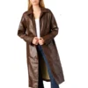 Faux Leather Brown Coat Longline Collar Long Sleeve