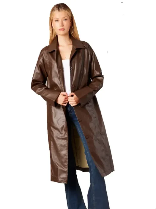 Faux Leather Brown Coat Longline Collar Long Sleeve