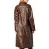 Faux Leather Brown Coat Longline Collar Long Sleeve Back