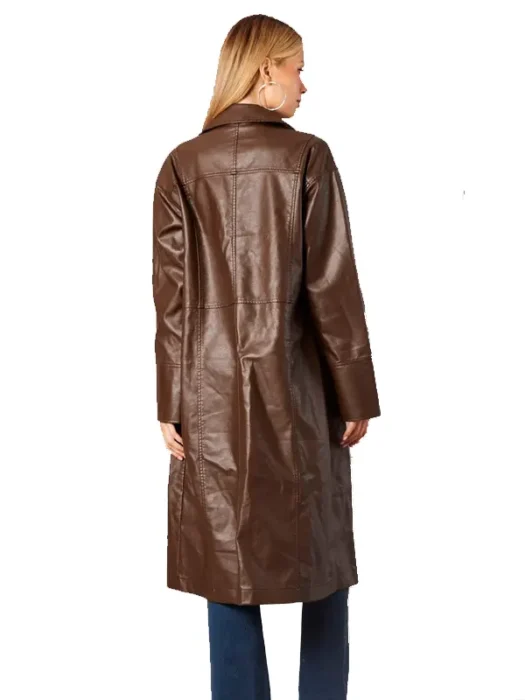 Faux Leather Brown Coat Longline Collar Long Sleeve Back