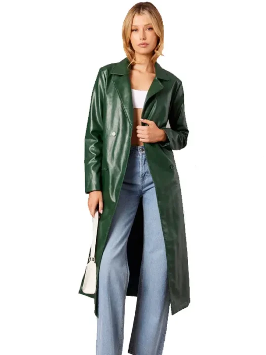 Green Trench Faux Leather Coat