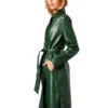 Green Trench Faux Leather Coat Long Sleeves