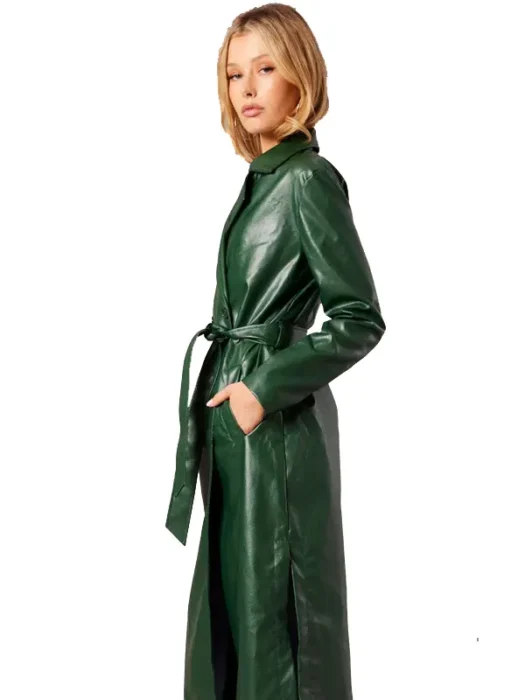 Green Trench Faux Leather Coat Long Sleeves