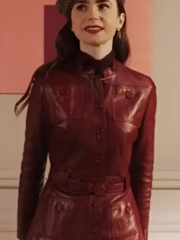 Lily Collins Emily in Paris S04 Burgundy Leather Jacket