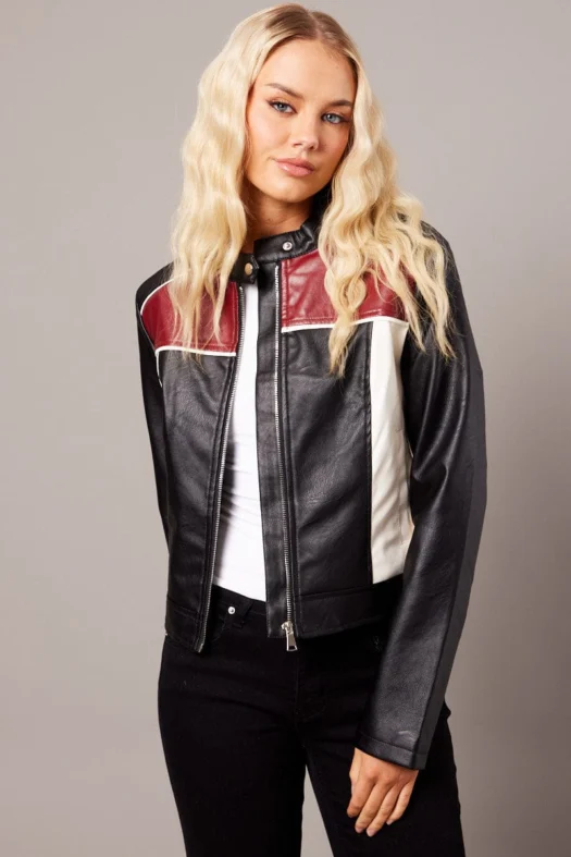 Long Sleeve Zip Colour Block Faux Leather Red Jacket