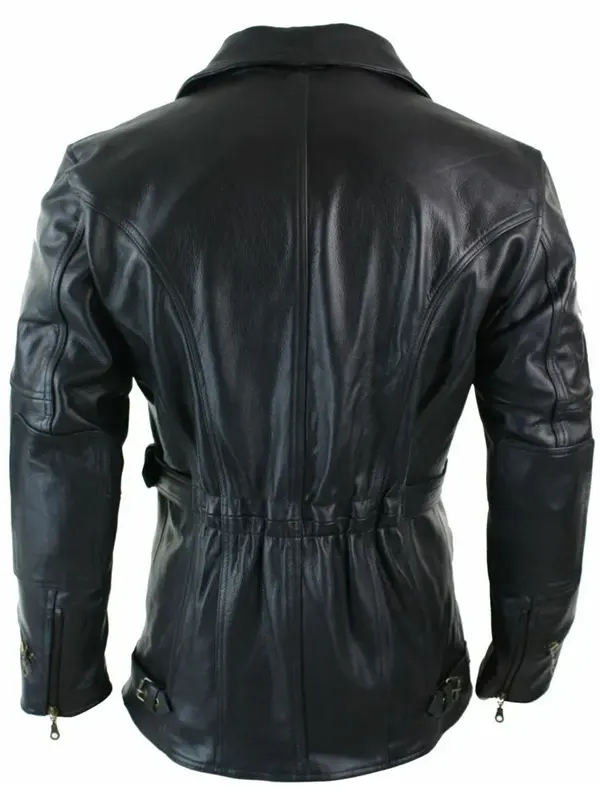 Men Biker Style Black Leather Long Jacket