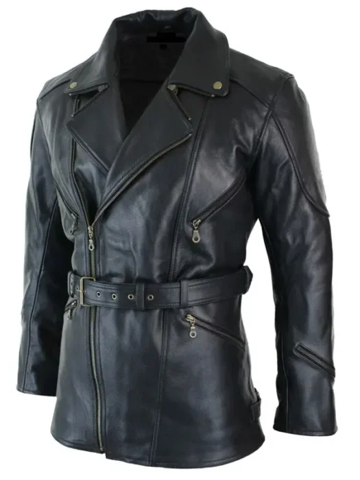 Men Biker Style Leather Long Jacket