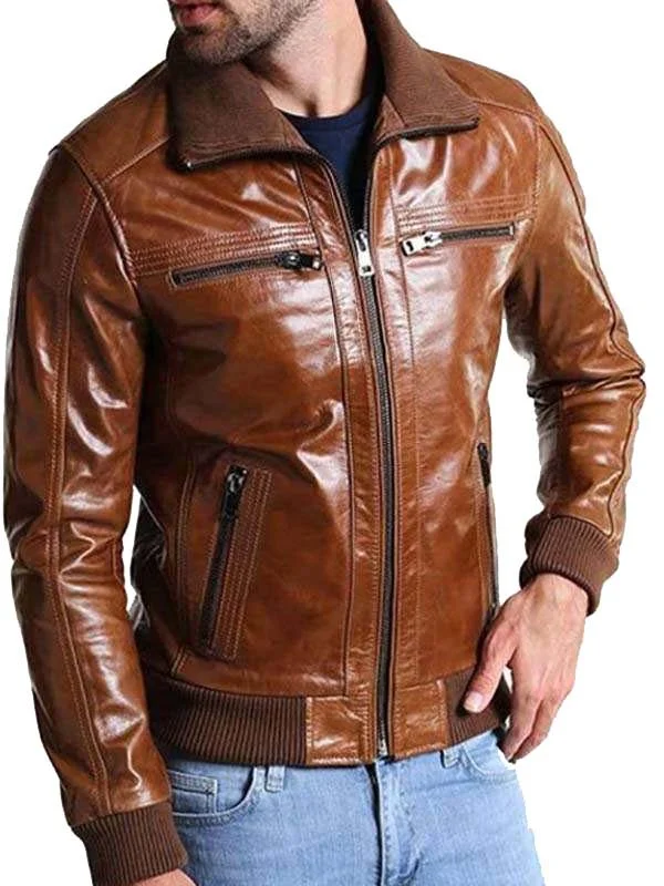 Men Bomber Shining Brown Leather Jacket