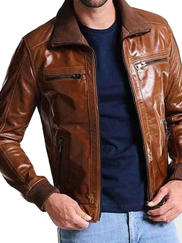 Men Bomber Shining Leather Brown Jacket