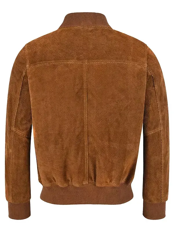 Men Casual Brown Perforated Bomber Jacket Back