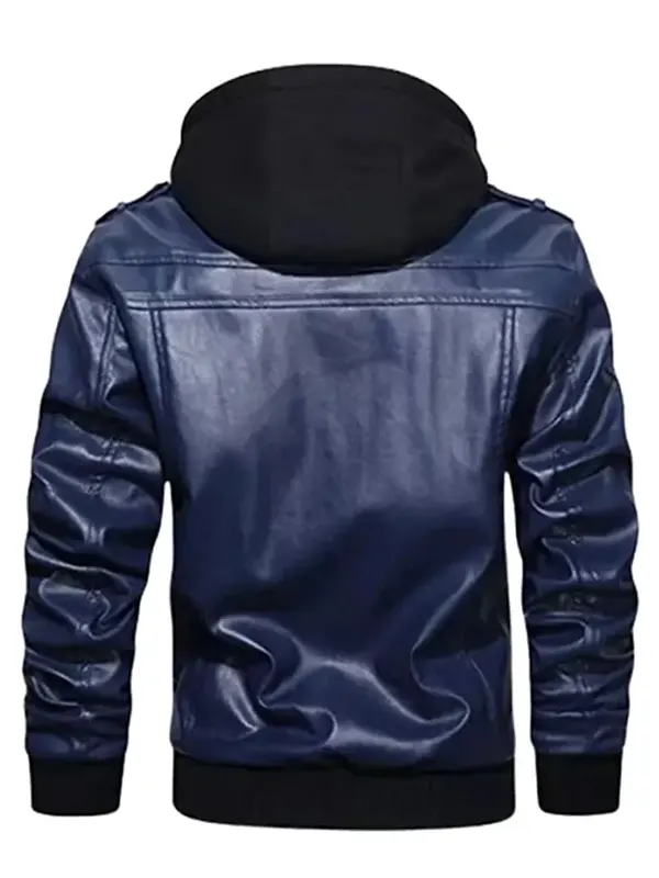 Men Stylish Blue and Black Leather Hooded Jacket Back