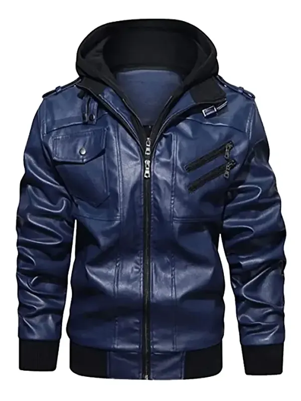 Men Stylish Blue and Black Leather Hooded Jacket
