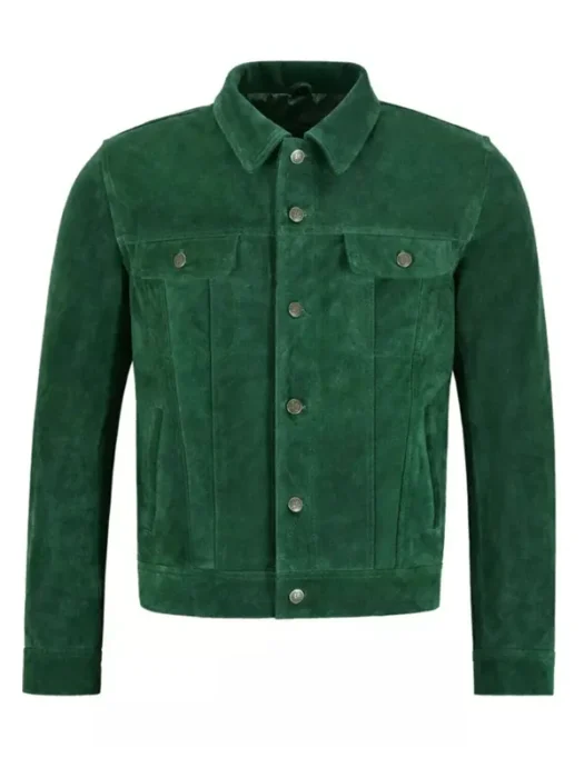 Men Trucker Style Green Suede Leather Jacket