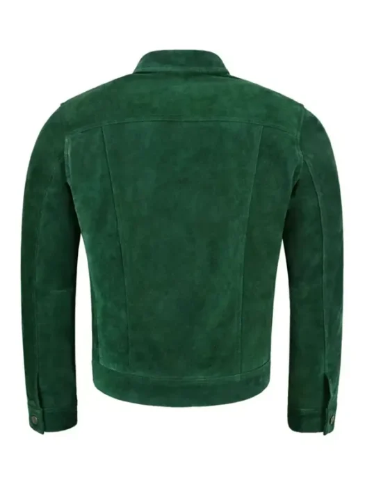 Men Trucker Style Green Suede Leather Jacket Back