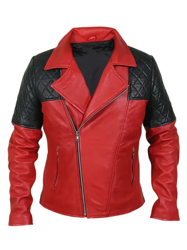 Men’s Black Diamond Quilted Shoulders Red Leather Jacket