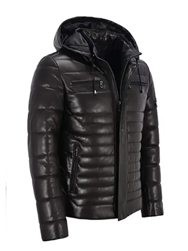 Mens Black Leather Puffer Jacket With Hood