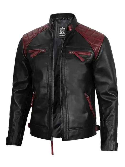 Men's Black and Maroon Quilted Cafe Racer Leather Jacket