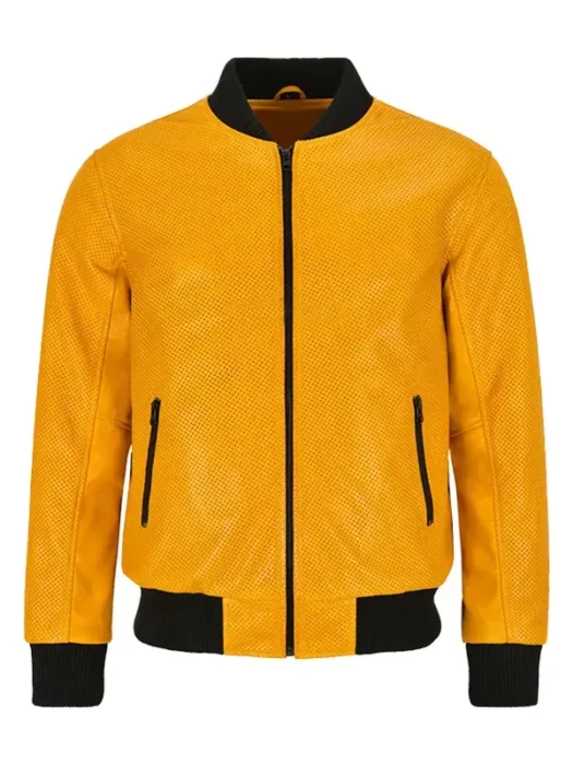 Mens Casual Yellow Perforated Bomber Leather Jacket