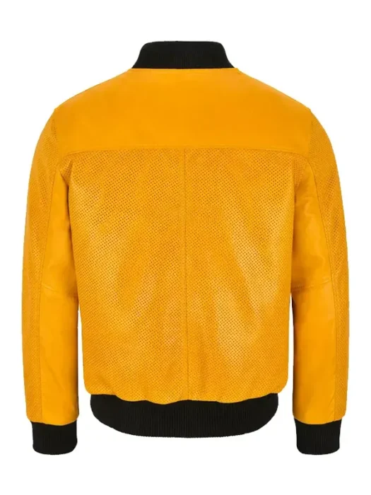 Mens Casual Yellow Perforated Bomber Leather Jacket Back