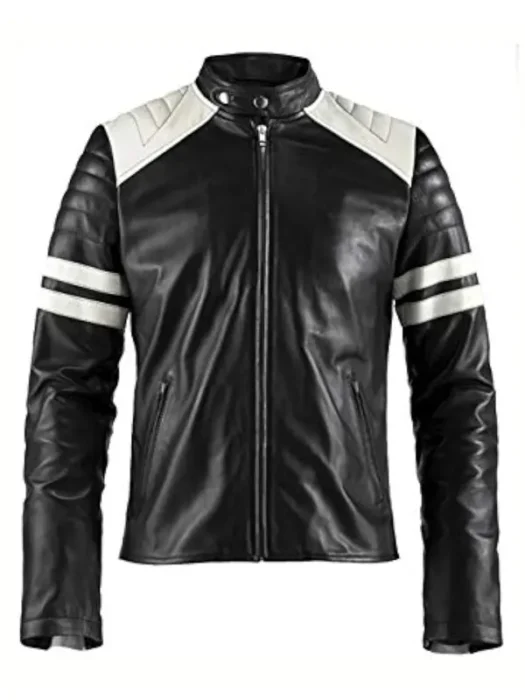 Men’s White Striped Black Bikers Jacket