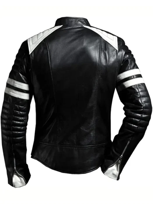 Men’s White Striped Black Bikers Jacket Back