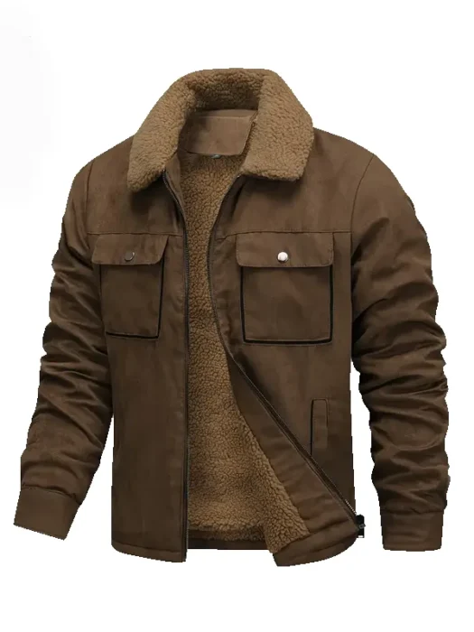 Men's Winter Fleece-Lined Brown Bomber Jacket