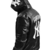 NY Yankees Letterman Black Varsity Leather Jacket with Removeable Hood