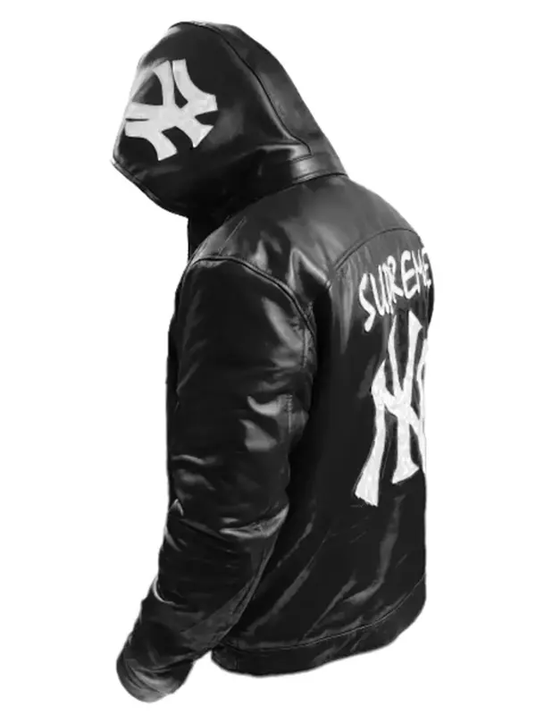 NY Yankees Letterman Black Varsity Leather Jacket with Removeable Hood