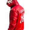 NY Yankees Letterman Varsity Leather Jacket with Removeable Hood - Red