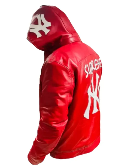 NY Yankees Letterman Varsity Leather Jacket with Removeable Hood - Red